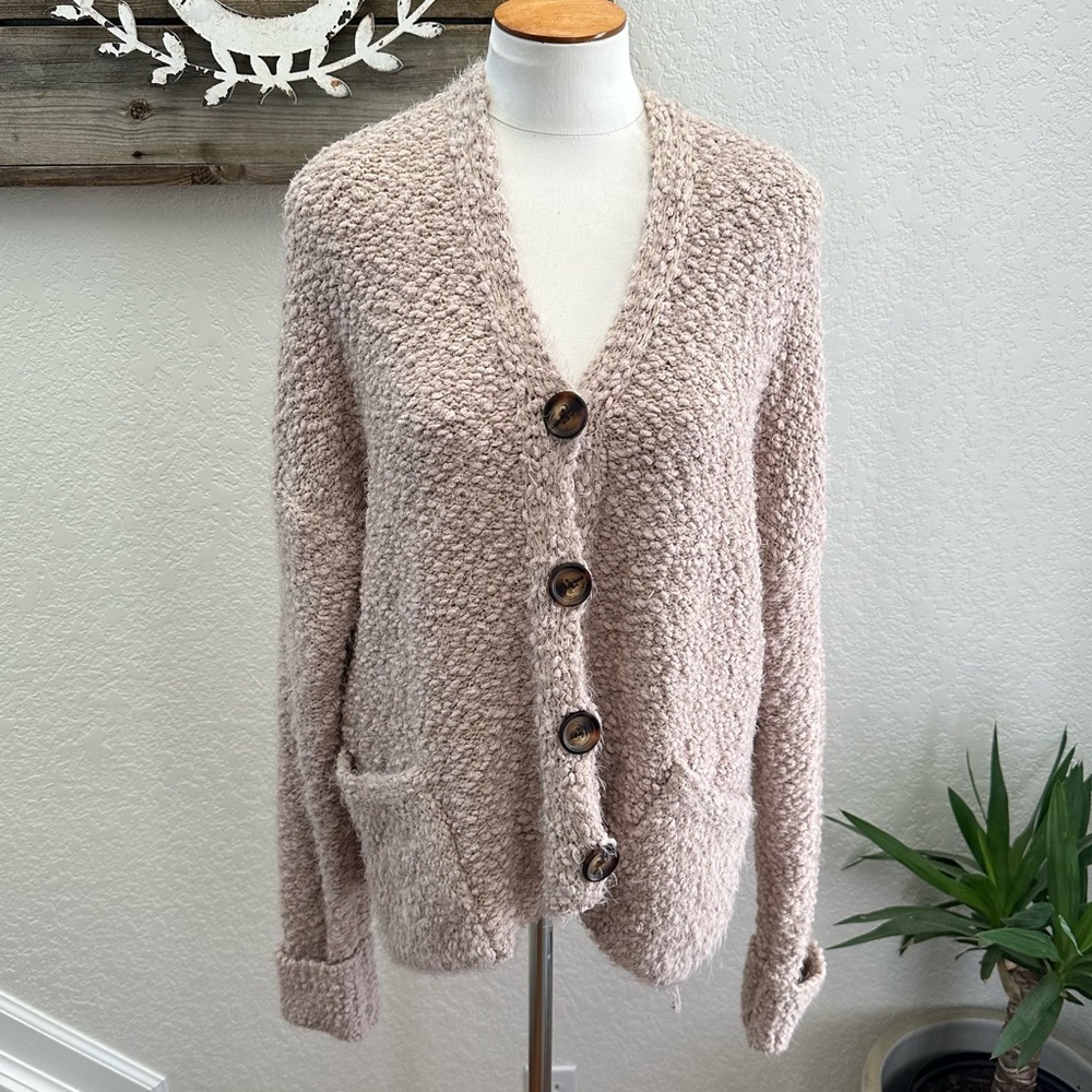 POL beige tanโ boucle hooded cardigan sweater ladies size Small